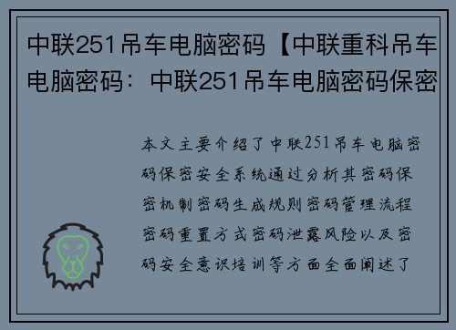 中联251吊车电脑密码【中联重科吊车电脑密码：中联251吊车电脑密码保密安全系统】