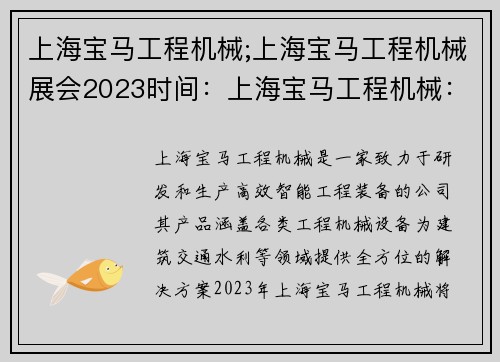上海宝马工程机械;上海宝马工程机械展会2023时间：上海宝马工程机械：打造高效智能的工程装备