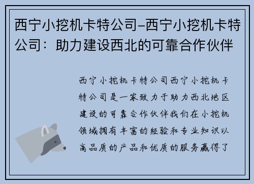 西宁小挖机卡特公司-西宁小挖机卡特公司：助力建设西北的可靠合作伙伴
