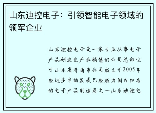 山东迪控电子：引领智能电子领域的领军企业