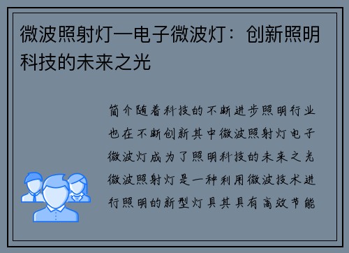 微波照射灯—电子微波灯：创新照明科技的未来之光