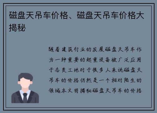 磁盘天吊车价格、磁盘天吊车价格大揭秘